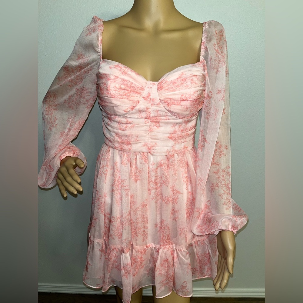 B Darlin Pink Floral Long-Sleeve Sweetheart Dress